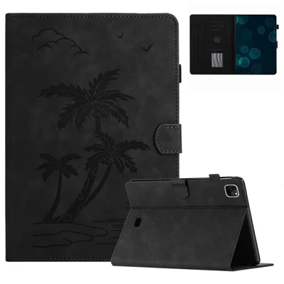 For iPad Pro 11-inch (2018) / (2020) / (2021) / (2022) / Air (2020) / Air (2022) Card Holder Coconut Tree Imprinted Leather Tablet Cover - Black