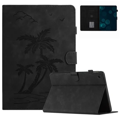 For Samsung Galaxy Tab A8 10.5 (2021) X200 / X205 / (2022) Card Holder Coconut Tree Imprinted Leather Tablet Cover - Black