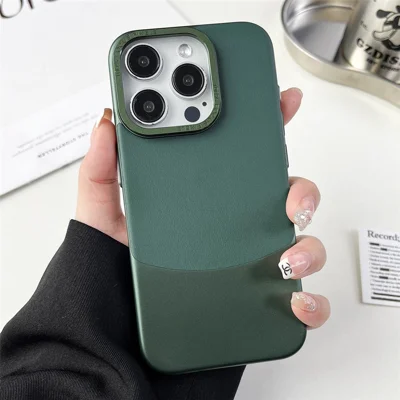 For iPhone 15 Pro Case Nappa Texture PU Leather Coated PC Hard Phone Cover - Green