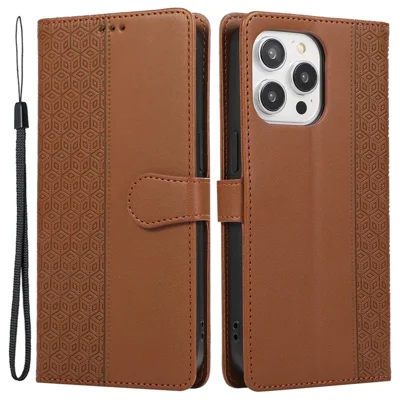 R20 Leather Case for iPhone 15 Pro Max Splicing Imprinted Rhombus Phone Wallet Cover - Brown