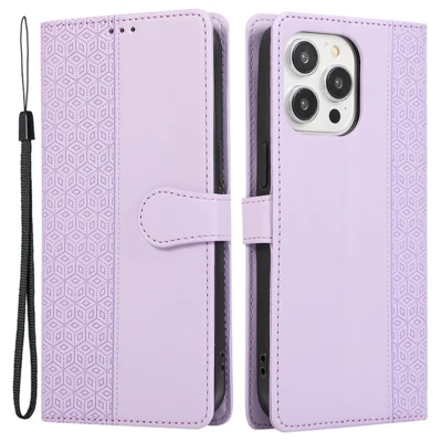 R20 for iPhone 12 / 12 Pro Case Folio PU Leather Splicing Rhombus Wallet Phone Cover - Purple