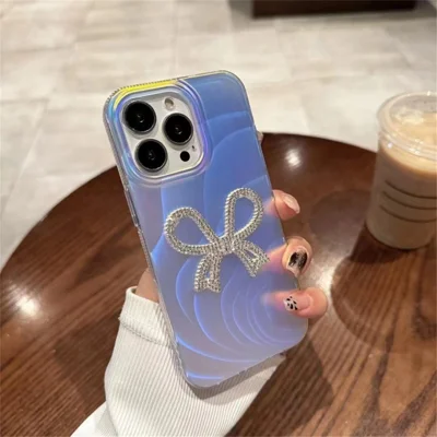 For iPhone 13 Pro Max Phone Case Stylish IMD Rhinestone Decor Acrylic+TPU Phone Cover - Bowknot