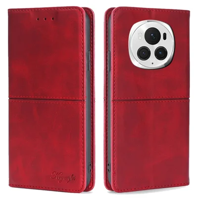 For Honor Magic6 Pro 5G Case Cowhide Texture Anti-Scratch Leather Phone Cover with Card Slots - Red