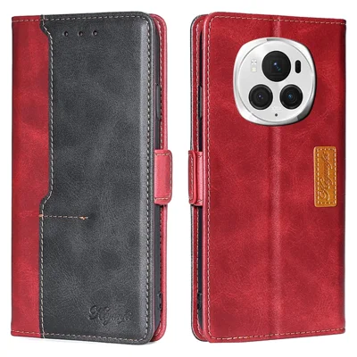 For Honor Magic6 Pro 5G Leather Case Wallet Dual Color Retro Phone Cover - Black+Red