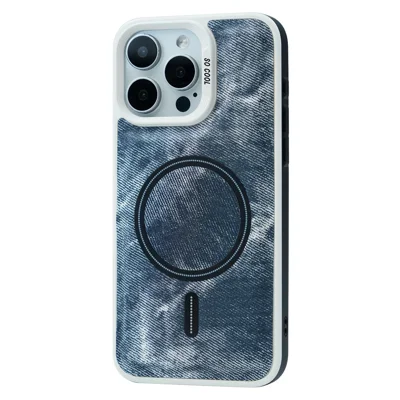 For iPhone 14 Pro Max Magnetic Phone Case Denim Cloth Texture Leather Coated PC+TPU Cover - Grey Blue