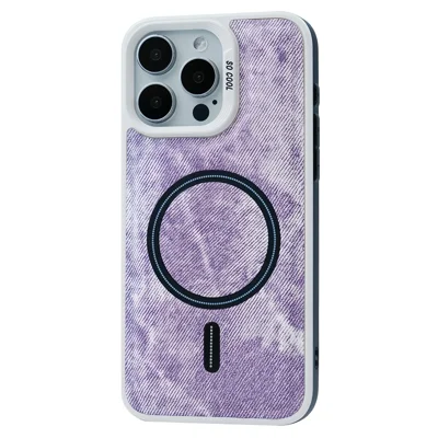 For iPhone 13 Pro Magnetic Case Denim Cloth Texture Leather Coated PC+TPU Phone Cover - Pink Purple