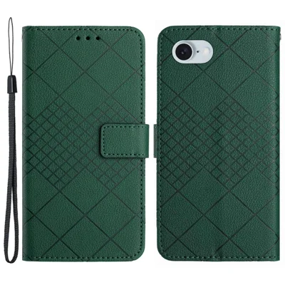 HT06 For iPhone 17e / 16e Drop-Proof Phone Case Rhombus Pattern PU Leather Wallet Cover - Green