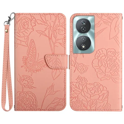 HT03 For Honor 90 Smart / X7b 4G Wallet Phone Stand Cover PU Leather Phone Case with Wrist Strap - Pink