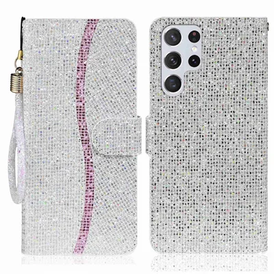 For Samsung Galaxy S24 Ultra Case Glitter Splicing Leather Wallet Stand Phone Cover - Silver