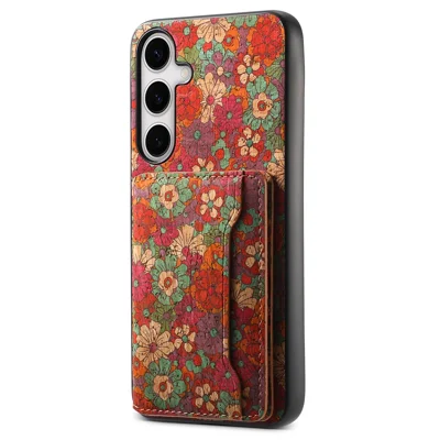For Samsung Galaxy S24 Cases Kickstand PU+TPU+PC Floral Pattern Phone Cover Card Holder - Summer / Red