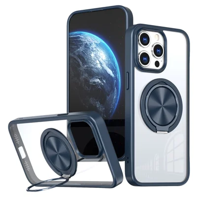 For iPhone 15 Pro Max Clear Case Rotating Kickstand TPU+PC Anti-drop Phone Cover Magnetic Shell - Blue