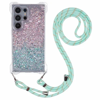 Voor Samsung Galaxy S22 Ultra 5G Hoesje Gradiënt TPU+Acryl Telefoonhoesje met Riempje - Roze+Groen