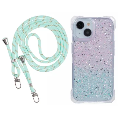 For iPhone 13 Dual-Color Gradient Phone Case Slim-Fit TPU+Acrylic Cell Phone Shell with Strap - Pink+Green
