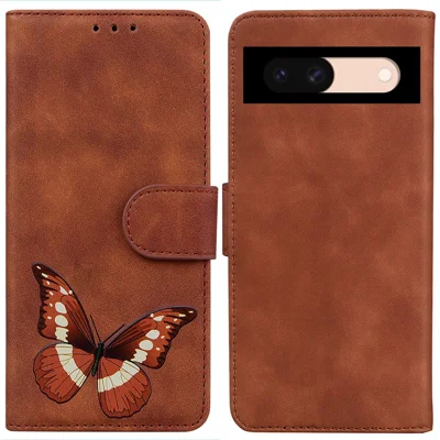 For Google Pixel 8a Phone Case Butterfly Printing Wallet PU Leather Stand Cover - Brown