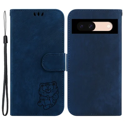 For Google Pixel 8a Case Cute Tiger Imprinted Leather Full Protection Phone Cover - Dark Blue