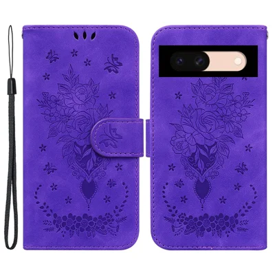 For Google Pixel 8a Case PU Leather+TPU Imprinted Phone Cover with Flower Pattern - Purple