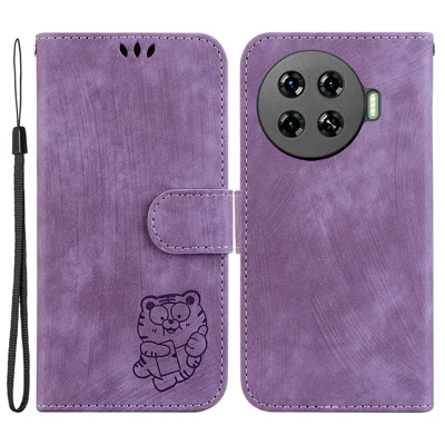 For TECNO Spark 20 Pro+ Phone Case Cute Tiger Imprinted Leather Wallet Cover - Purple