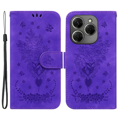 For TECNO Spark 20 Pro Case Flower Imprint Shockproof Leather Phone Cover - Purple