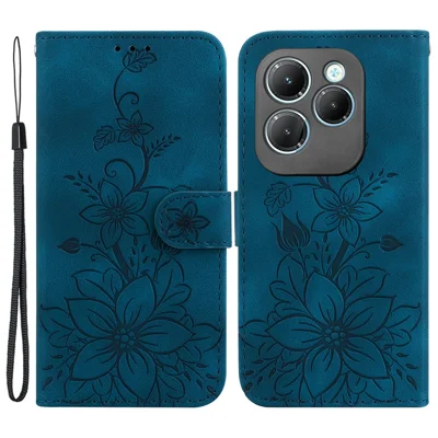 For Infinix Hot 40 / 40 Pro Case Card Slots PU Leather Wallet Phone Cover Flower Imprinted - Dark Blue