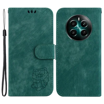 For Realme 12 4G / 12+ 5G / Narzo 70 Pro 5G Wallet Case Cute Tiger Pattern Leather Phone Cover - Green