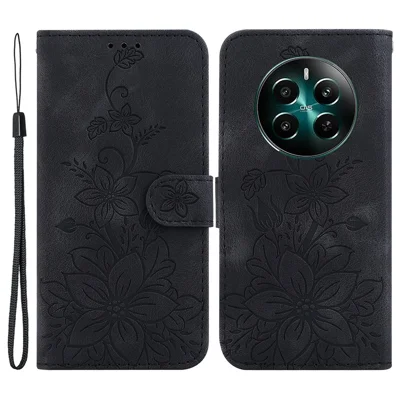 For Realme 12 4G / 12+ 5G / Narzo 70 Pro 5G Case PU Leather Card Holder Flower Imprinted Phone Cover - Black