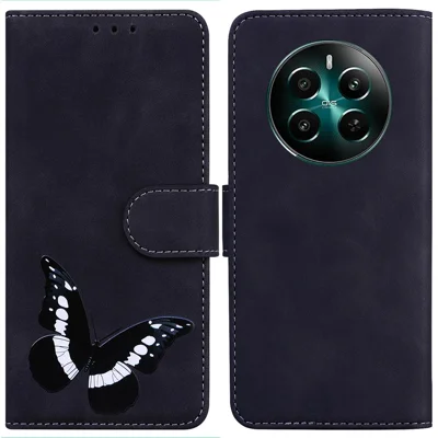 For Realme 12 4G / 12+ 5G / Narzo 70 Pro 5G Viewing Stand Case Butterfly Leather Wallet Phone Cover - Black