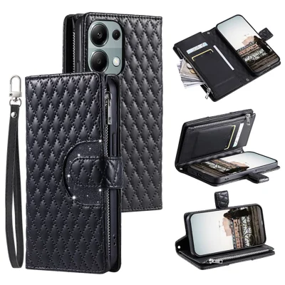 Style 012 for Xiaomi Redmi Note 13 Pro 4G / Poco M6 Pro 4G Zipper Wallet Cover Rhombus PU Stand Phone Case - Black