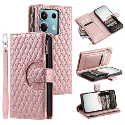 Style 012 for Xiaomi Redmi Note 13 4G Leather Wallet Case Rhombus Zipper Pocket Phone Cover - Rose Gold