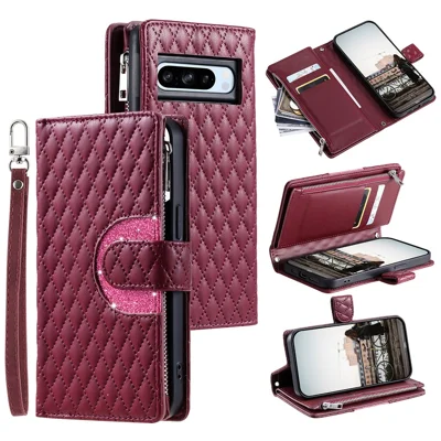 Style 012 for Google Pixel 8 Pro Zipper Wallet Anti-scratch Case Rhombus PU Leather Phone Cover - Wine Red
