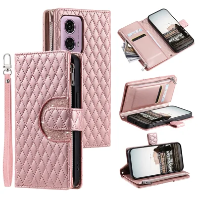 Style 012 for Motorola Moto E14 4G / G04 4G / G04s 4G / G24 4G Case Glitter Design PU Leather Phone Cover with Zipper Pocket - Rose Gold