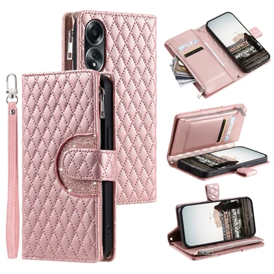 Style 012 for Oppo A58 4G Zipper Wallet Case Rhombus PU Leather Drop-proof Phone Cover - Rose Gold