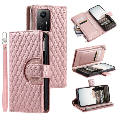 Style 012 for Xiaomi Redmi Note 12S 4G Zipper Wallet Case Anti-Drop Rhombus PU Leather Phone Cover - Rose Gold