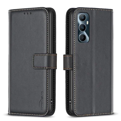 BINFEN COLOR BF17 For Realme C65 4G Wallet Case Folio Flip Leather Phone Cover - Black