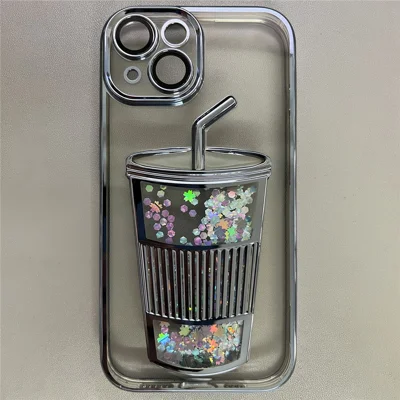For iPhone 13 TPU Case Glitter Quicksand Phone Cover Built-In Glass Lens Film - Blue
