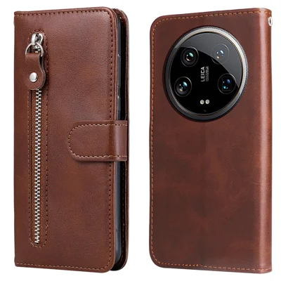 For Xiaomi 14 Ultra Case Calf Texture Zipper Wallet PU Leather Protective Phone Cover - Brown
