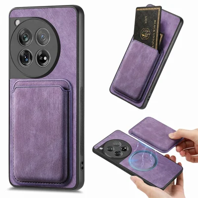 For OnePlus 12 5G Magnetic Case Leather Back Cover with Detachable Card Holder - Purple