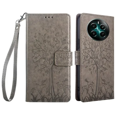 For Realme 12 4G / 12+ 5G Leather Case Tree Imprinted Stand Mobile Phone Cover - Grey
