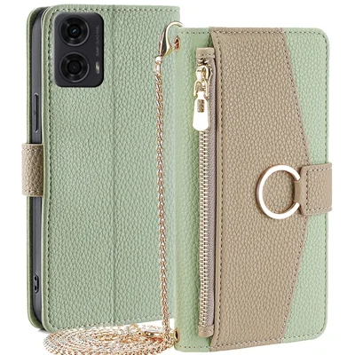 For Motorola Moto E14 4G / G04 4G / G04s 4G / G24 4G Case Zipper Wallet Leather Phone Cover with Mirror Design - Green