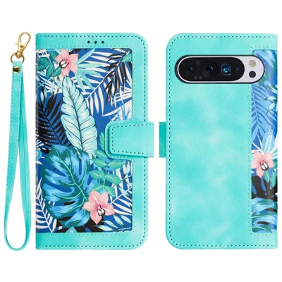 Phone Case for Google Pixel 9 Pro XL Flower Pattern PU Leather Stand Cover with Card Holder - Green