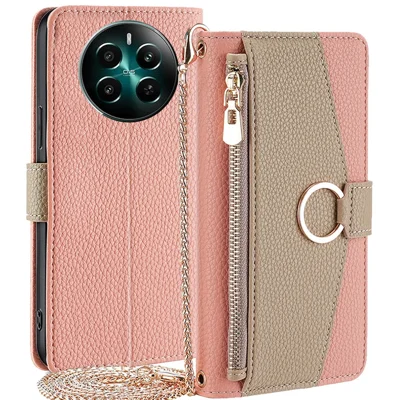 For Realme 12 4G / 12+ 5G Case Mirror Design PU Leather Crossbody Wallet Flip Phone Cover - Pink