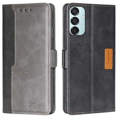 For Samsung Galaxy M15 5G   Phone Cover Splicing Color Leather Flip Stand Wallet Phone Cover - Black+Grey