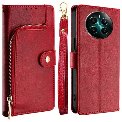 For Realme 12 4G / 12+ 5G Zipper Wallet Case Full Protection Flip Leather Phone Cover - Red