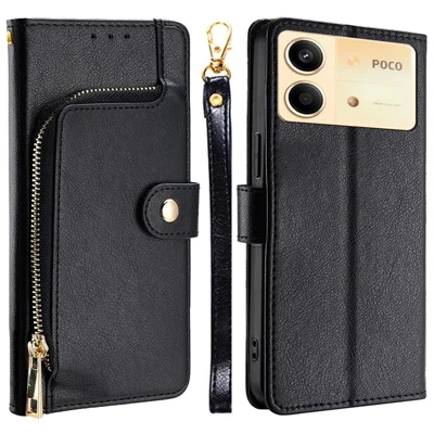 For Xiaomi Redmi Note 13R Pro 5G Stand Case Full Protection Zipper Wallet Leather Phone Cover - Black