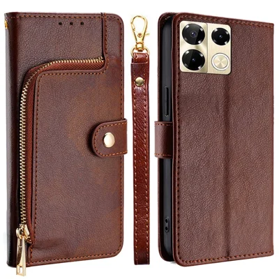 For Infinix Note 40 Pro 5G Case PU Leather Phone Zipper Purse Cover with Wrist Straps - Brown