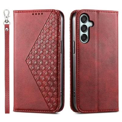 For Samsung Galaxy M15 5G / F15 5G   Phone Case PU Leather Rhombus Imprinted Pattern Wallet Cover - Red