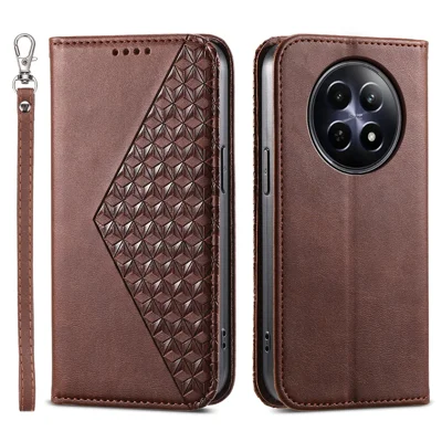 For Realme 12 5G / 12x 5G Case Rhombus Imprinted Leather Cell Phone Cases   - Brown
