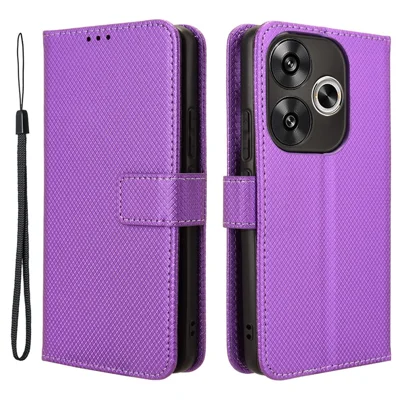 For Xiaomi Redmi Turbo 3 5G / Poco F6 5G Case Diamond Texture Foldable Stand Phone Cover with Hand Strap - Purple