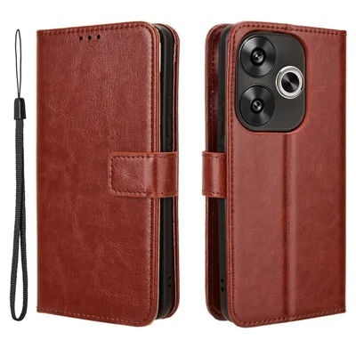 For Xiaomi Redmi Turbo 3 5G / Poco F6 5G Case with Wrist Strap Crazy Horse Texture Magnetic Clasp Phone Cover - Brown