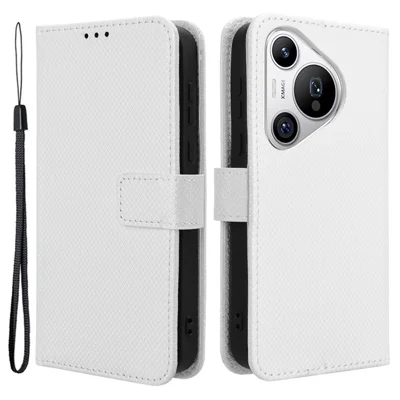 Groothandel Huawei Pura 70 Hoesje met Diamantstructuur Lederen Stand Wallet Cover - Wit
