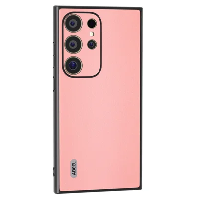 ABEEL For Samsung Galaxy S24 Ultra Case Textured Genuine Cow Leather Anti-Fingerprint Protective Cover - Pink